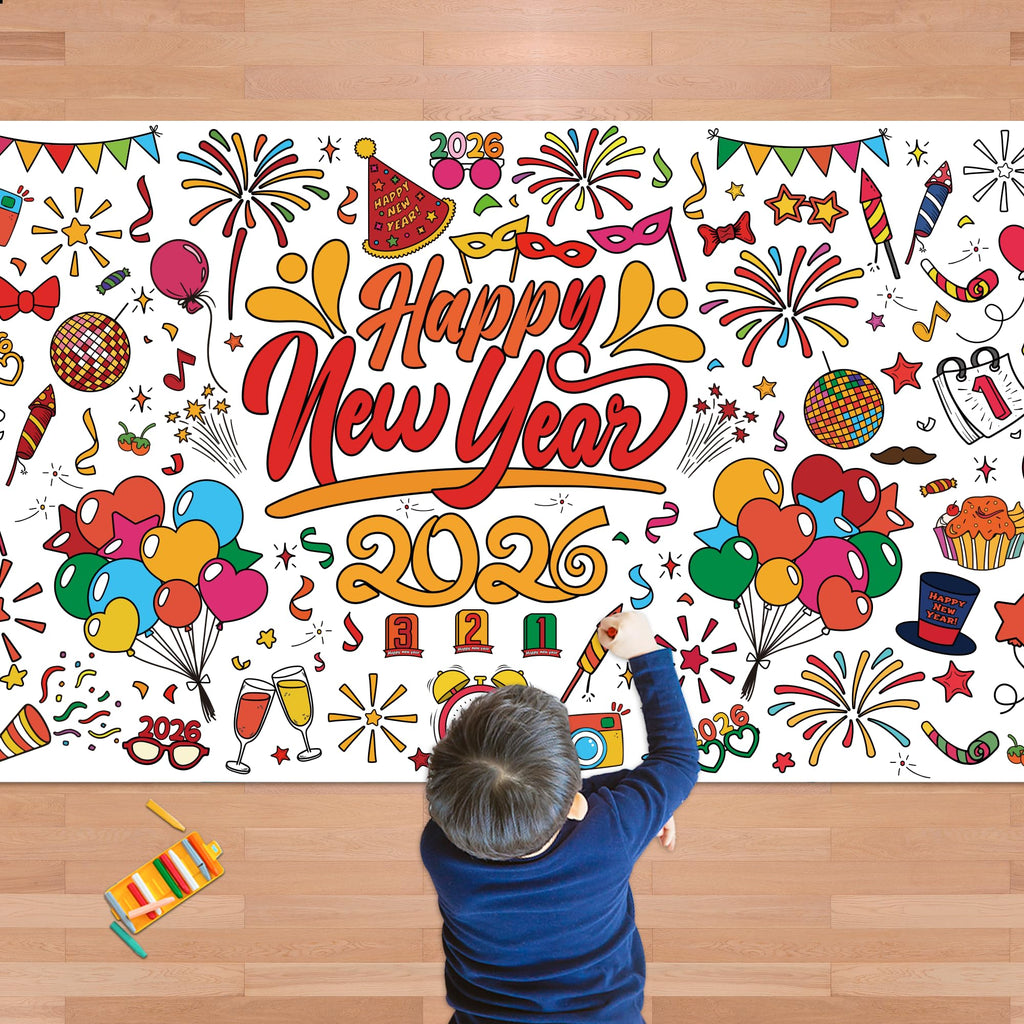 OHOME Happy New Year Giant Coloring Poster/Tablecloth – 30x72in for 2026 New Year Party & Kids Activities