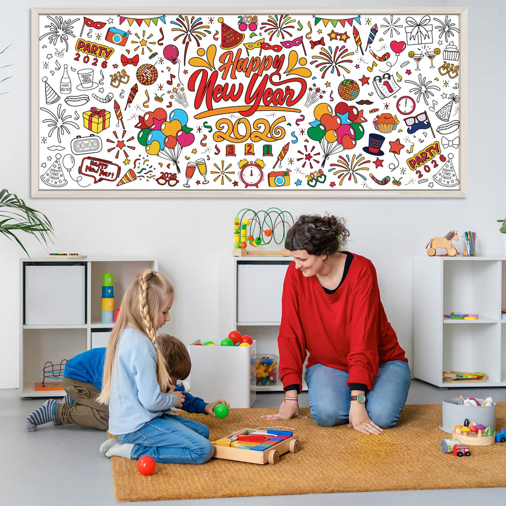 OHOME Happy New Year Giant Coloring Poster/Tablecloth – 30x72in for 2026 New Year Party & Kids Activities