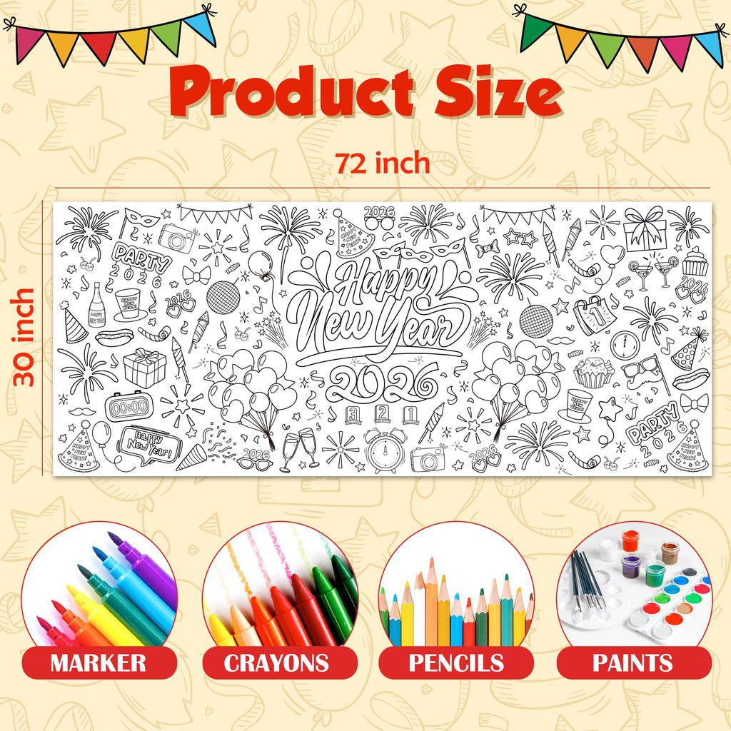 OHOME Happy New Year Giant Coloring Poster/Tablecloth – 30x72in for 2026 New Year Party & Kids Activities