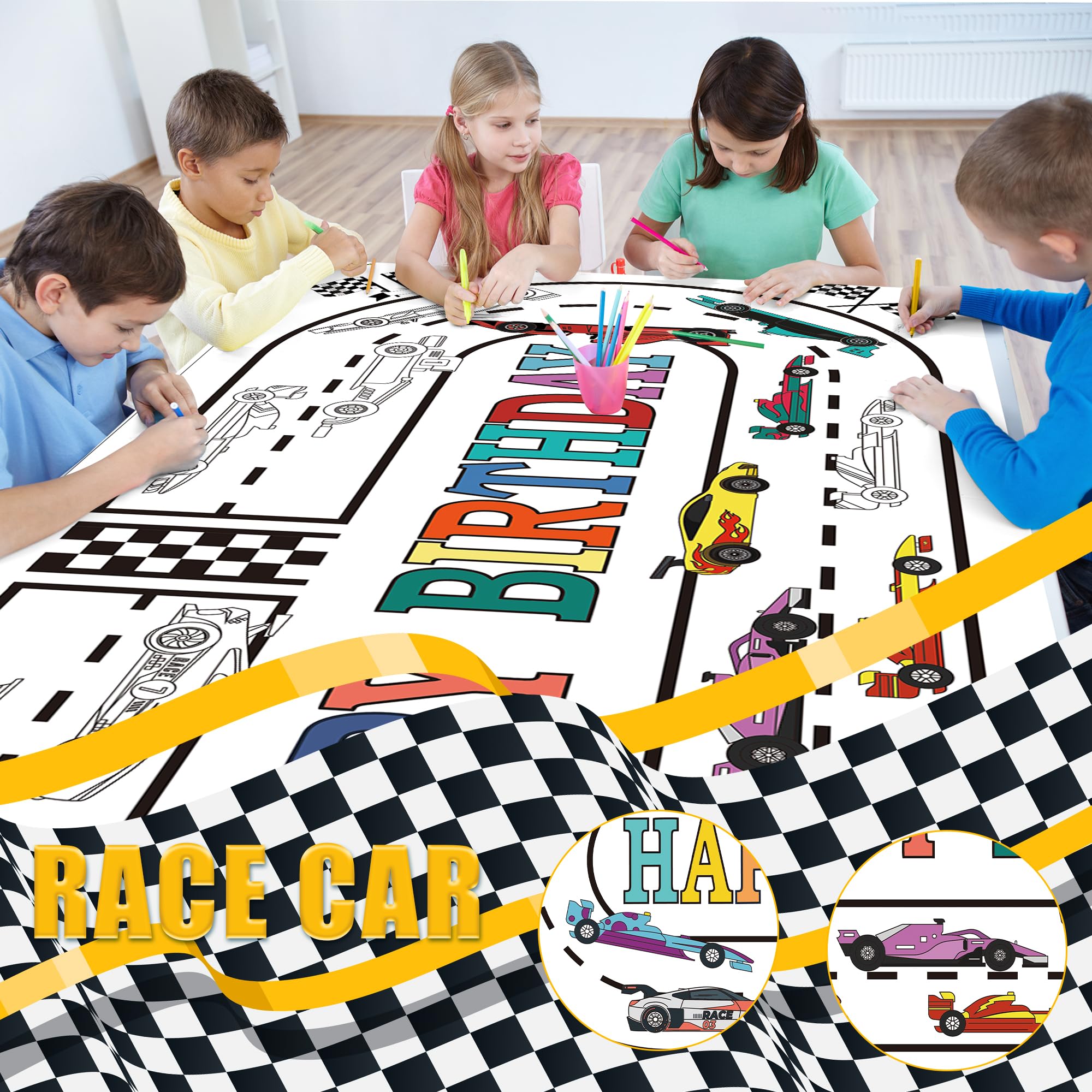 OHOME Race Car Giant Coloring Poster Tablecloth – 30 x 72 in Birthday Party Decor
