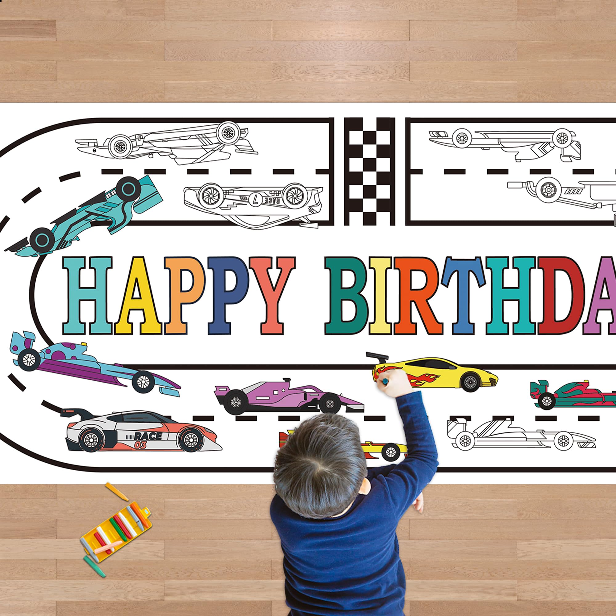 OHOME Race Car Giant Coloring Poster Tablecloth – 30 x 72 in Birthday Party Decor