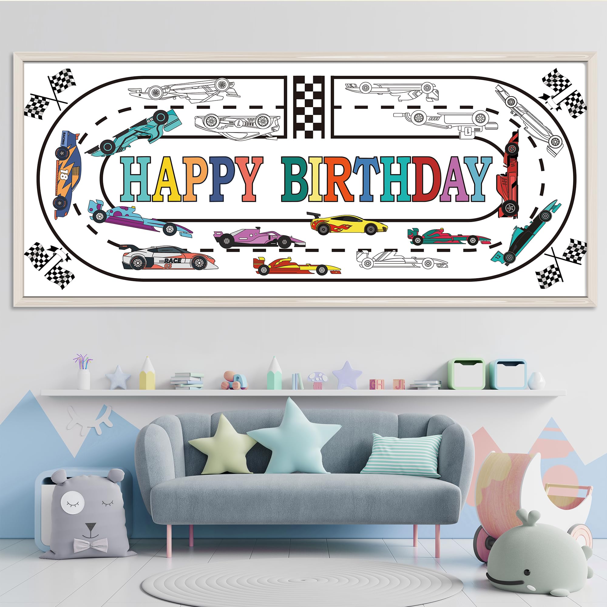 OHOME Race Car Giant Coloring Poster Tablecloth – 30 x 72 in Birthday Party Decor