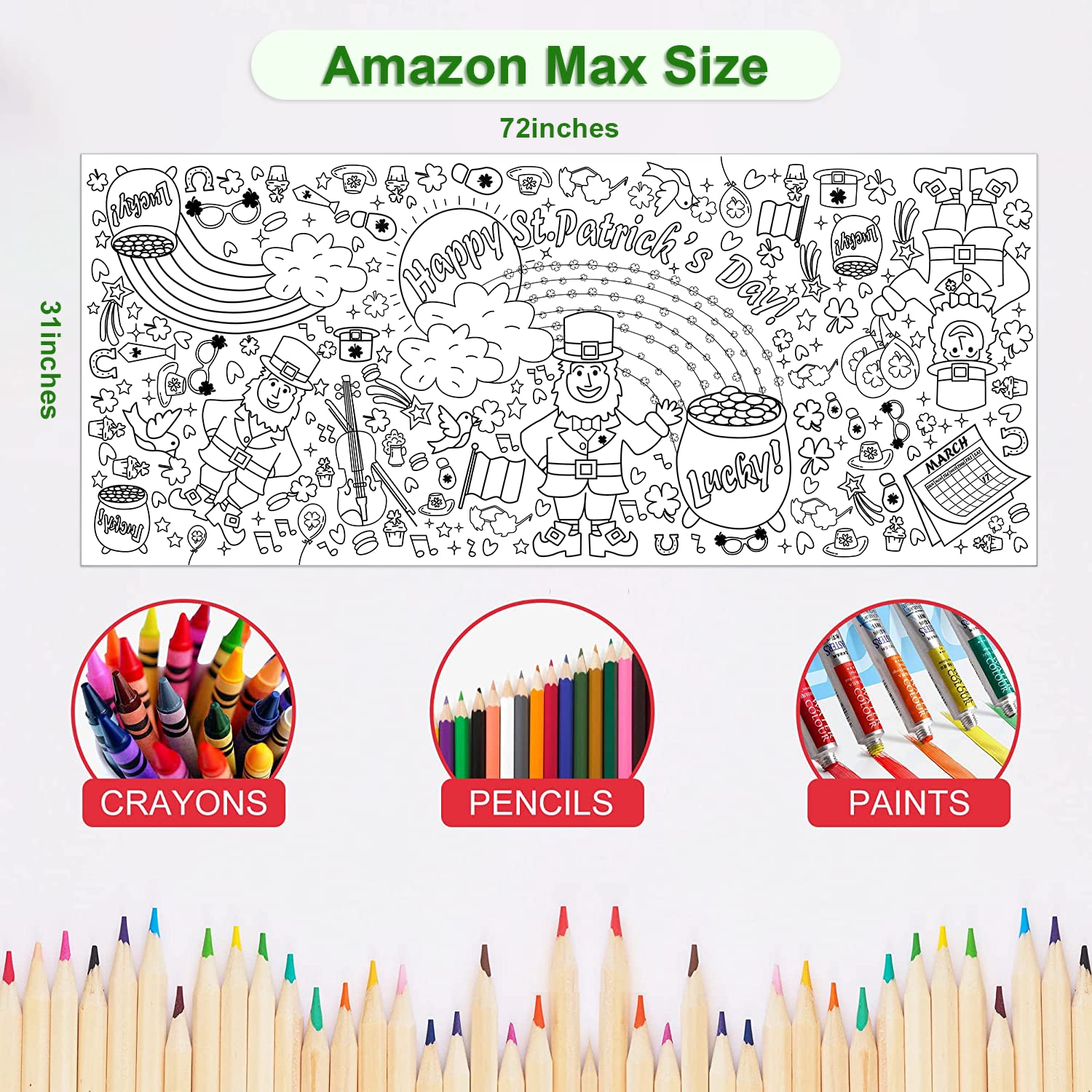 OHOME St. Patrick's Day Giant Coloring Poster & Tablecloth – 30x72 Inches Jumbo Banner for Kids' Crafts & Party Decor