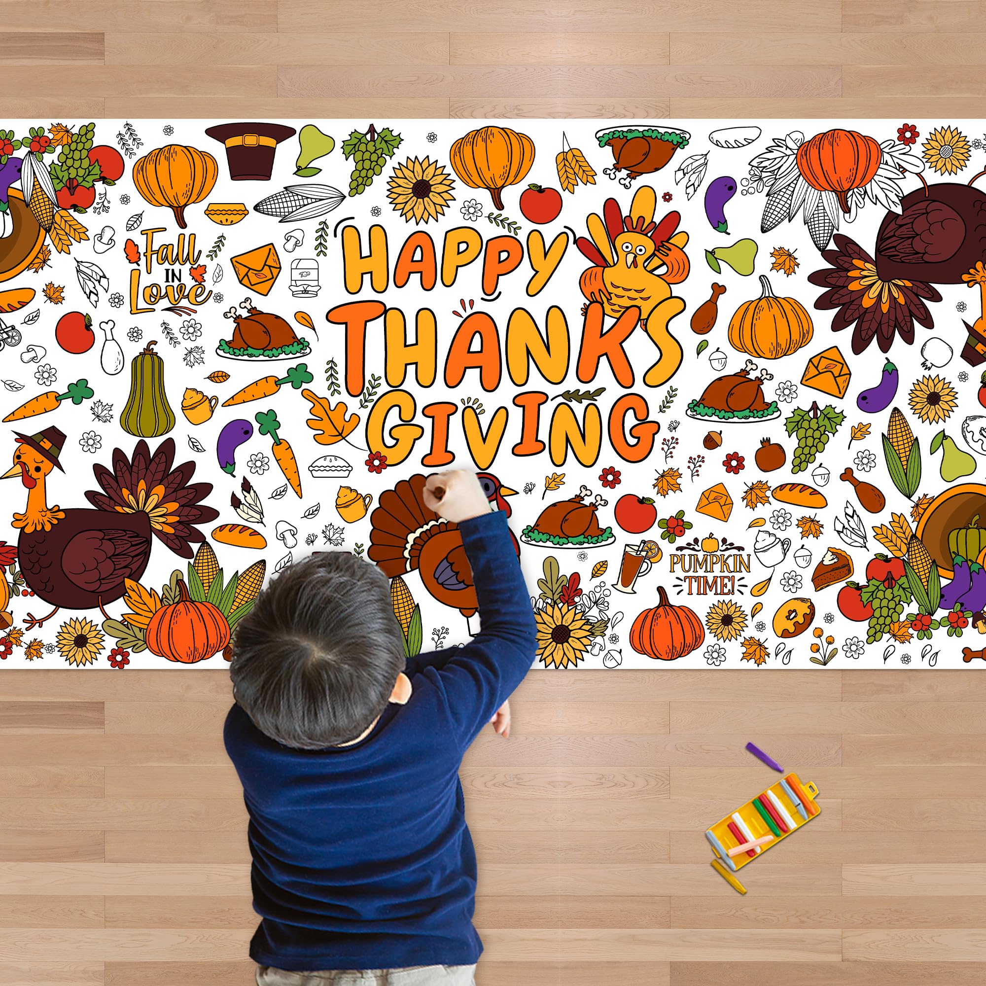 OHOME Thanksgiving Giant Coloring Poster Tablecloth – 30 x 72 in Jumbo Kids Coloring Banner for Activities, Gifts & Decor