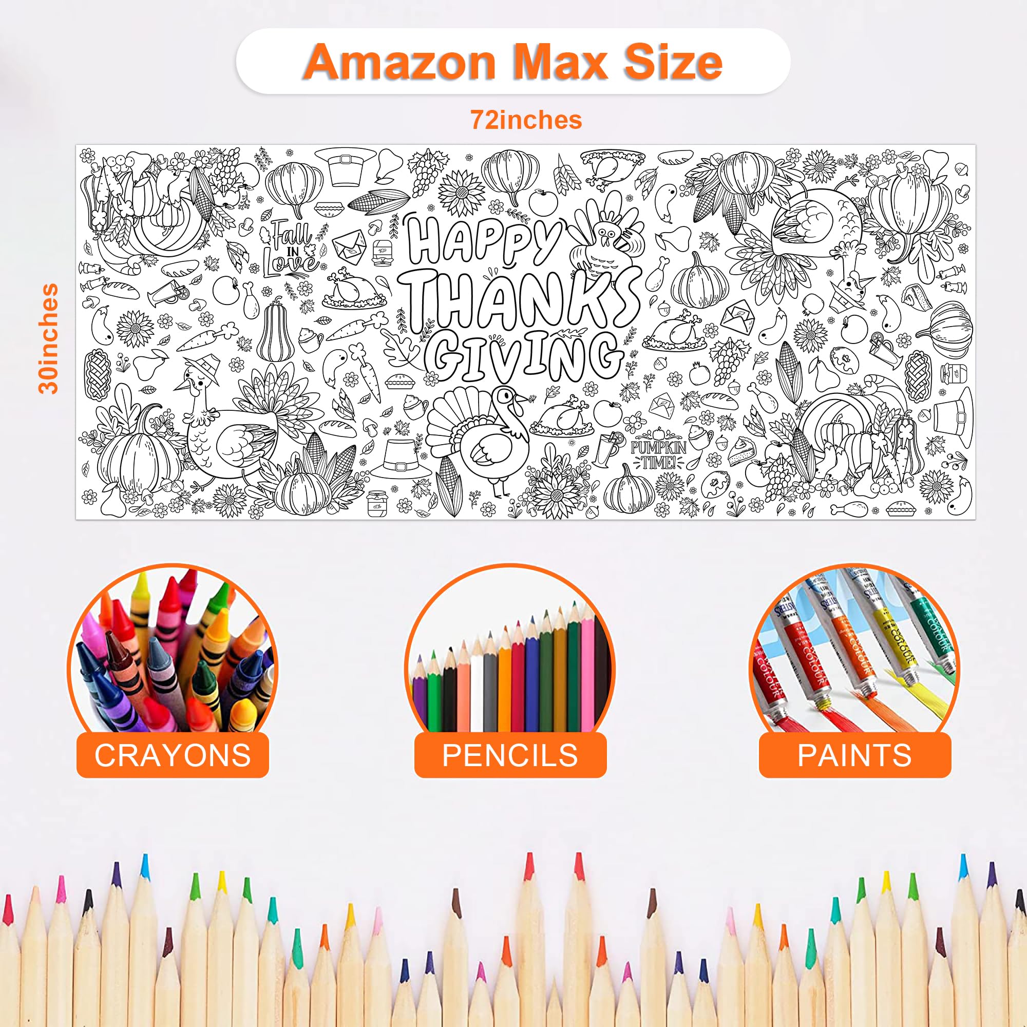 OHOME Thanksgiving Giant Coloring Poster Tablecloth – 30 x 72 in Jumbo Kids Coloring Banner for Activities, Gifts & Decor