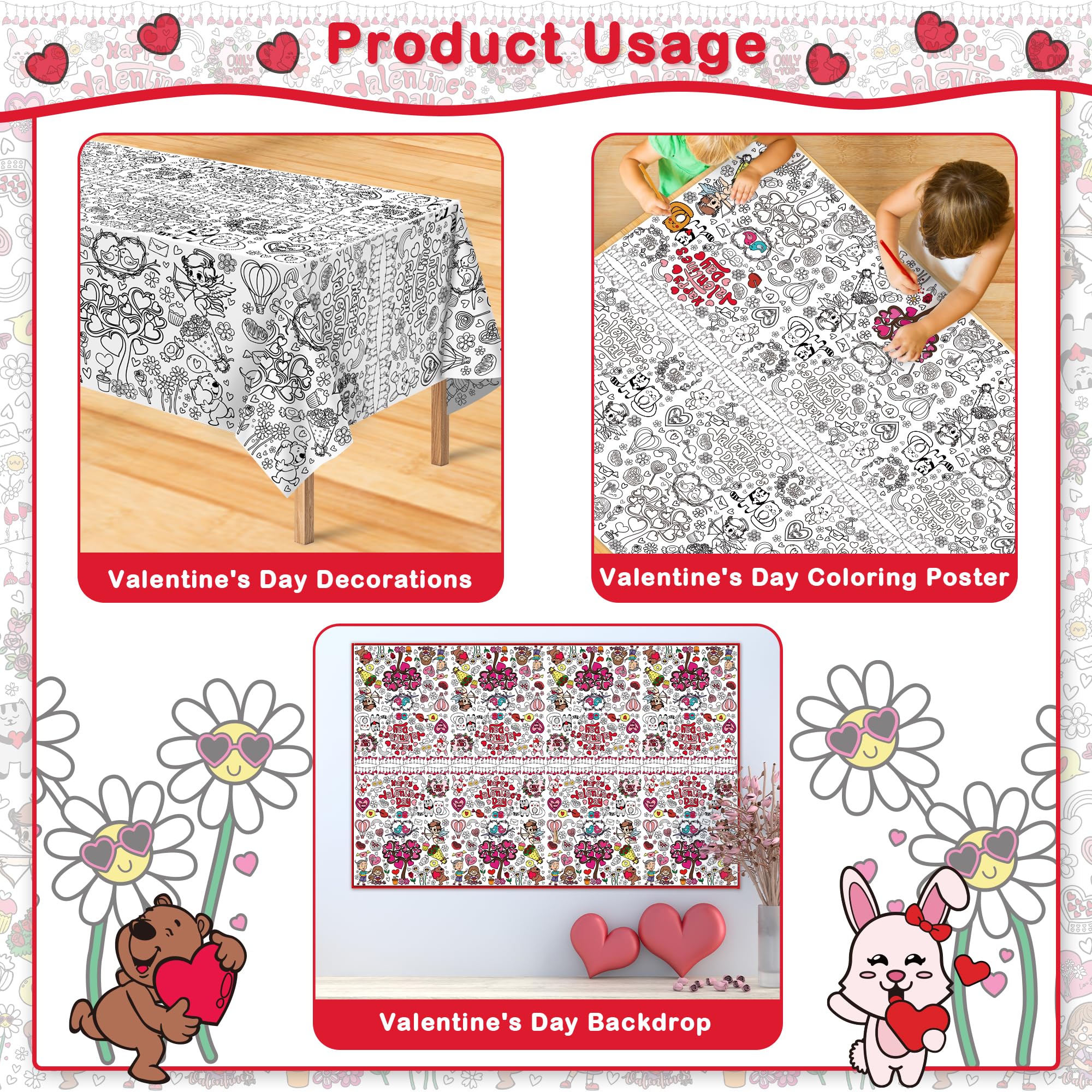 OHOME Valentines Coloring Tablecloth – 54x88 in | Valentines Decorations & Kids Crafts
