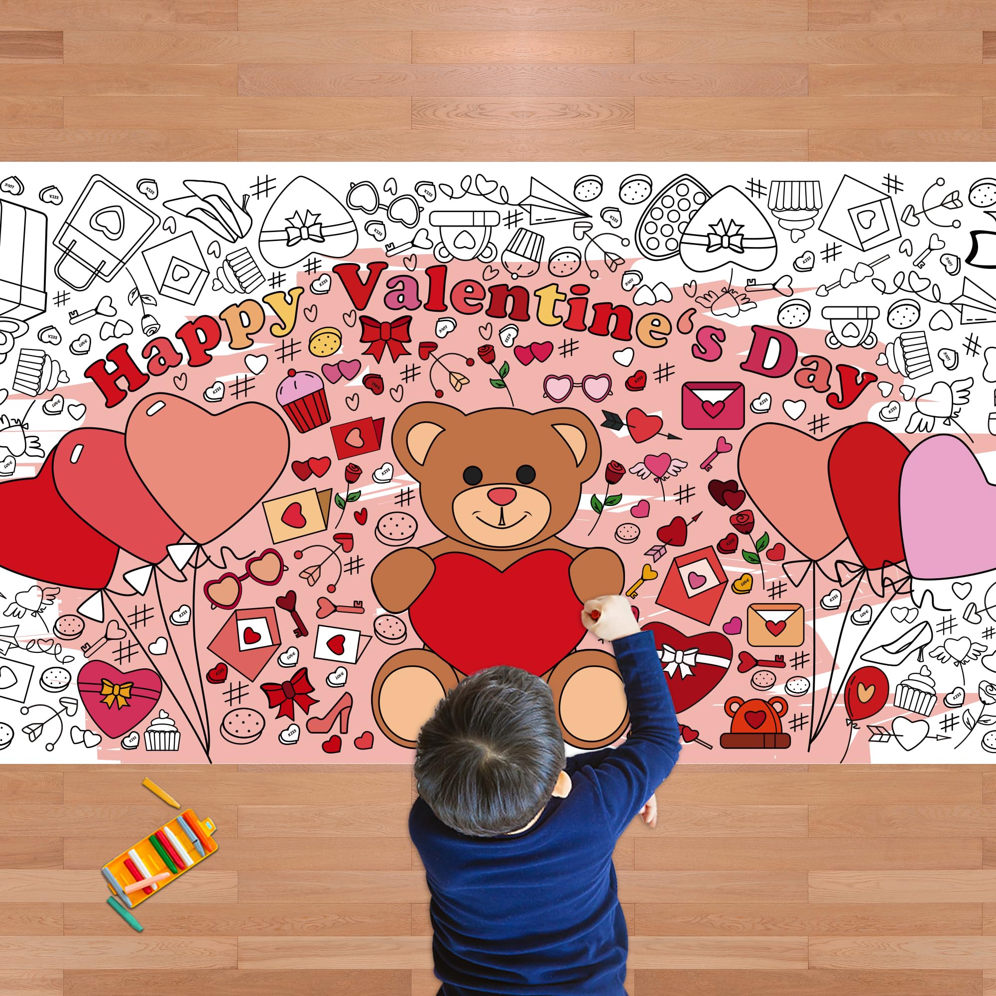OHOME Valentines Giant Coloring Poster Tablecloth – 30x72 in for Kids' Classroom Activities