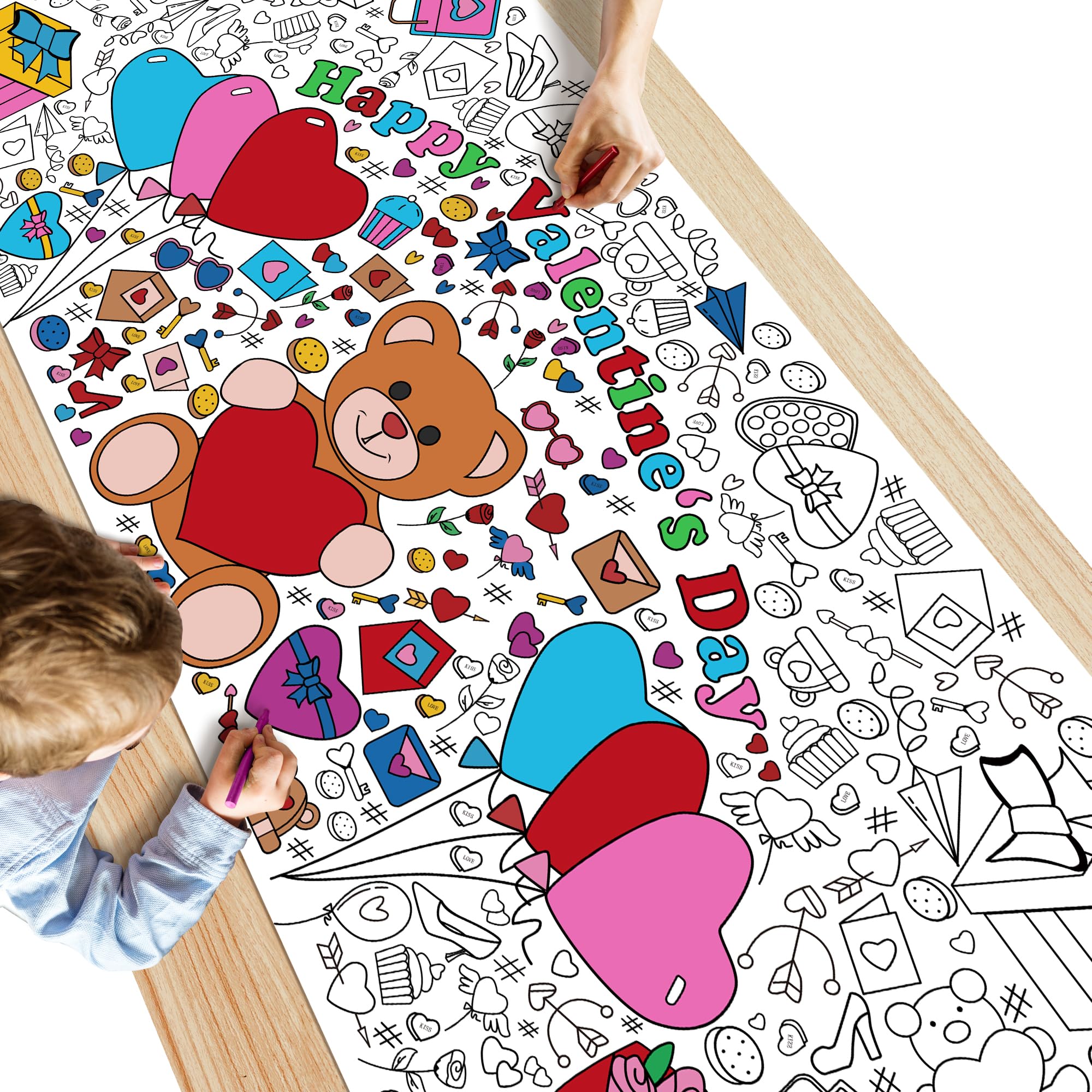 OHOME Valentines Giant Coloring Poster Tablecloth – 30x72 in for Kids' Classroom Activities