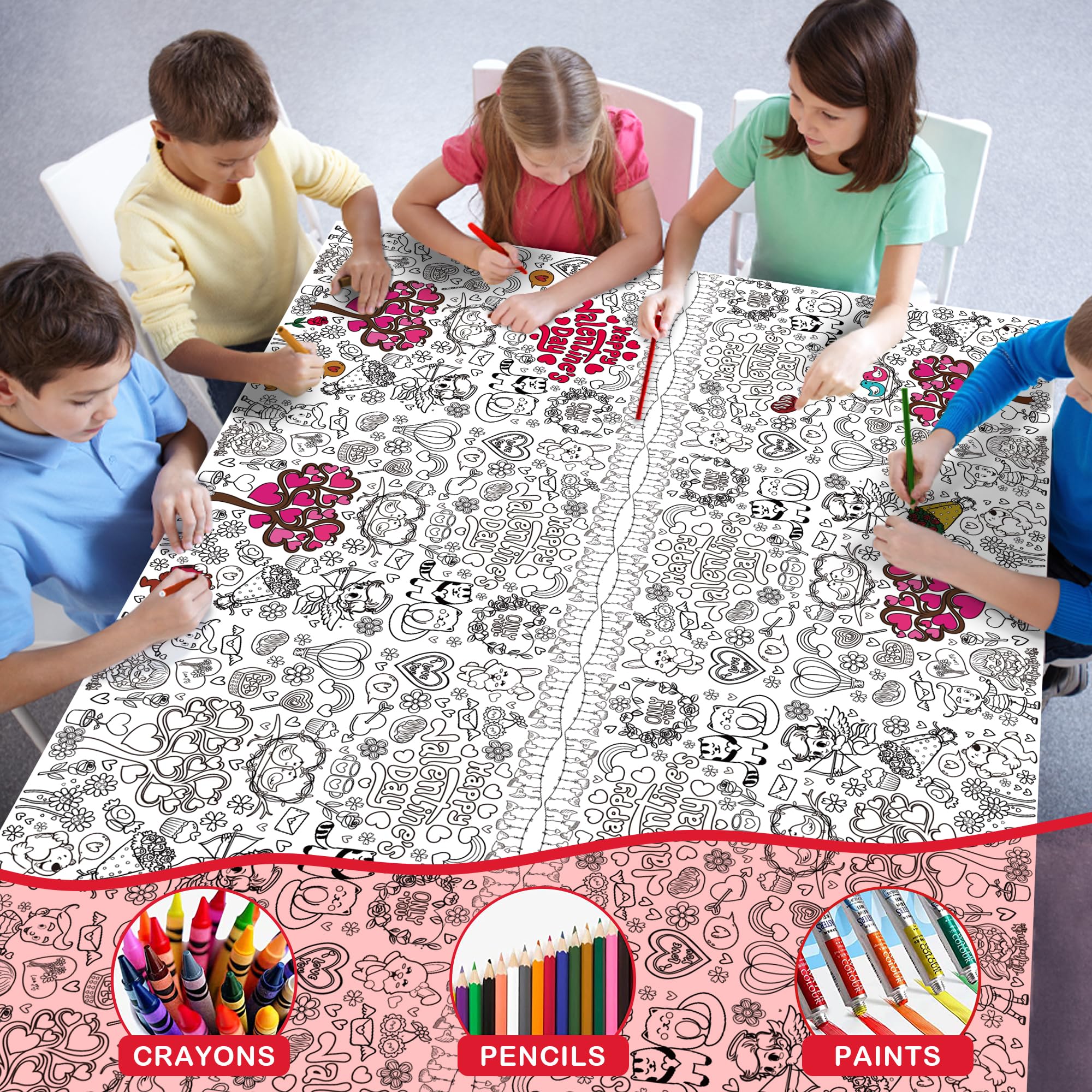 OHOME Valentines Coloring Tablecloth – 54x88 in | Valentines Decorations & Kids Crafts