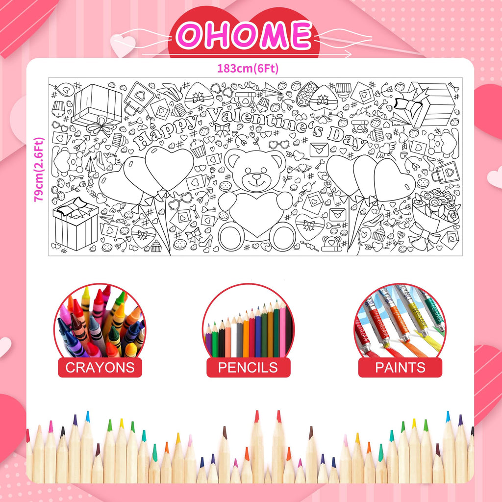 OHOME Valentines Giant Coloring Poster Tablecloth – 30x72 in for Kids' Classroom Activities