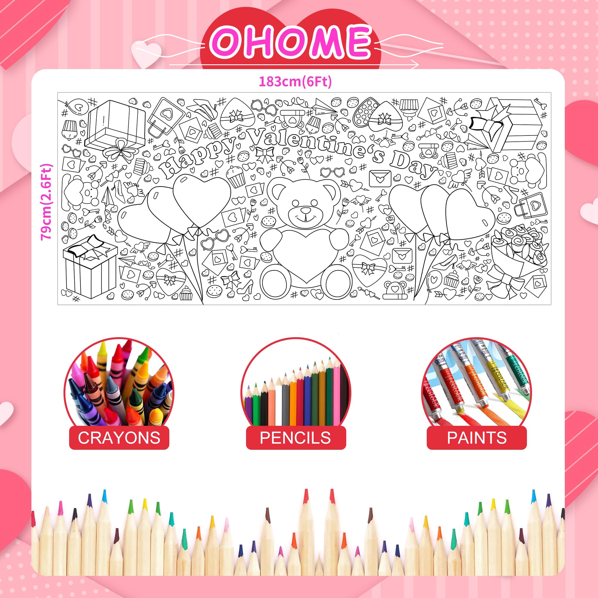 OHOME Valentines Giant Coloring Poster Tablecloth – 30x72 in for Kids' Classroom Activities