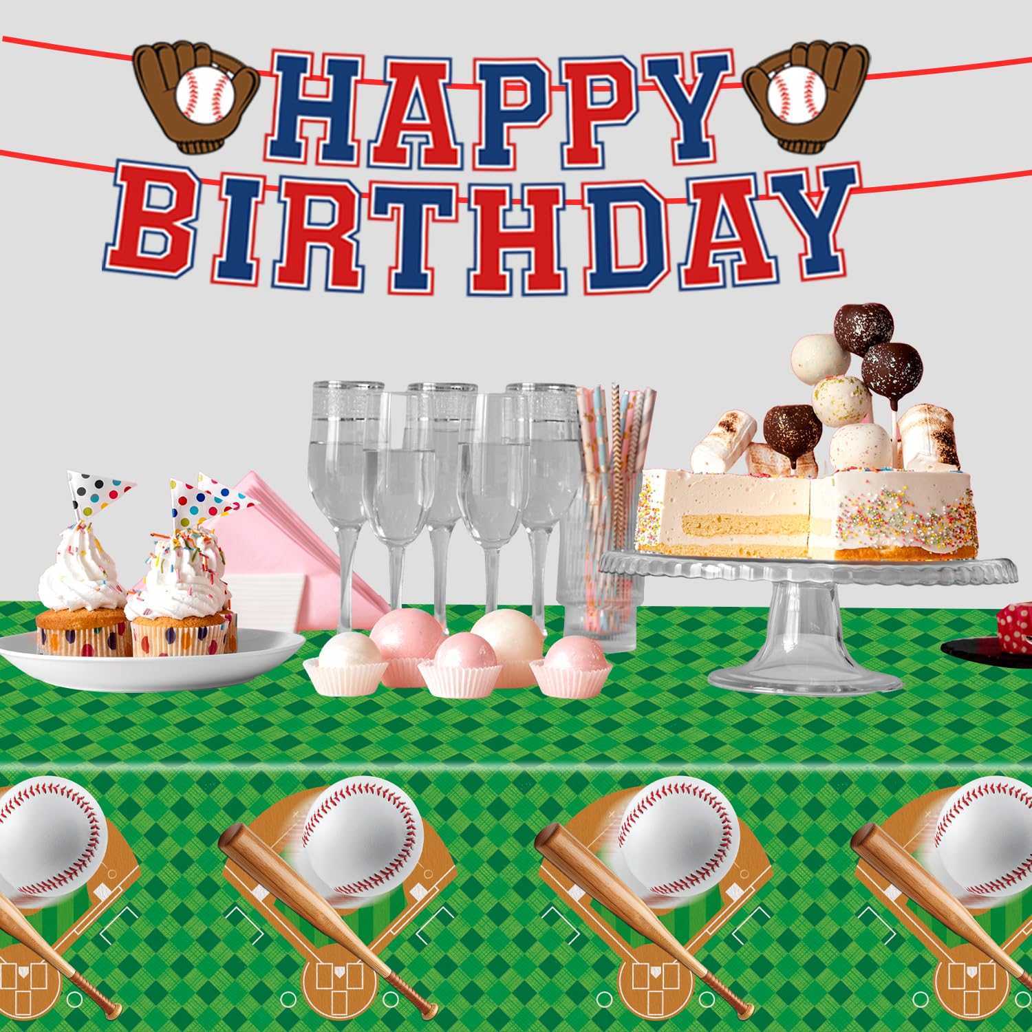 Oigco Baseball Tablecloths 4-Pack - 54 x 108 in Disposable Plastic Covers