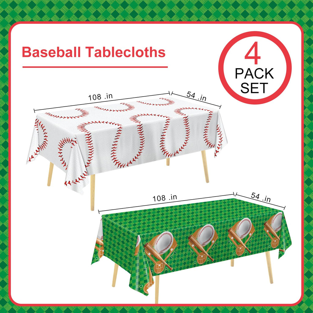 Oigco Baseball Tablecloths 4-Pack - 54 x 108 in Disposable Plastic Covers