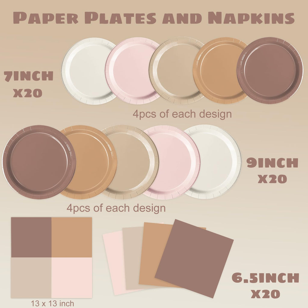 Oigco 60 PCS Brown Boho Plates & Napkins — Gradient Tableware for Baby Showers, Birthdays & Weddings