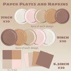 Oigco 60 PCS Brown Boho Plates & Napkins — Gradient Tableware for Baby Showers, Birthdays & Weddings