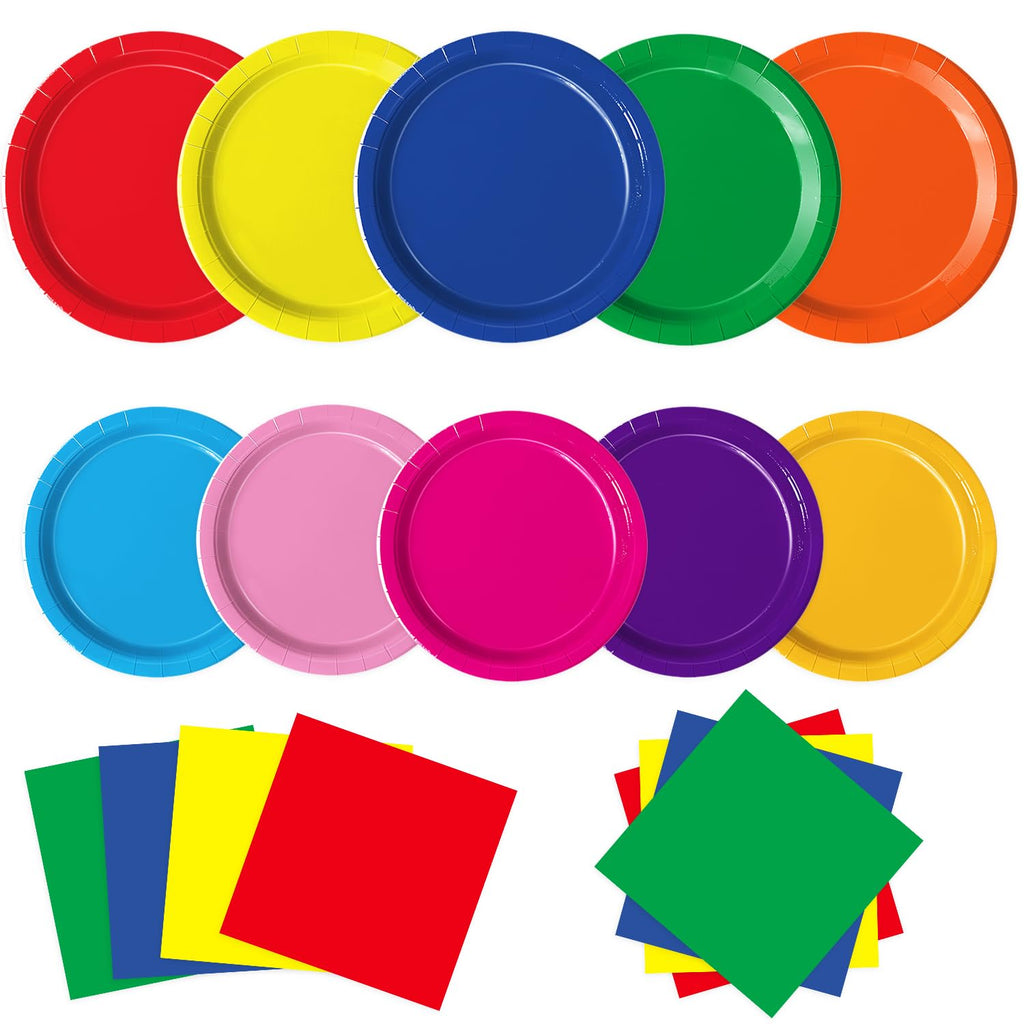 Oigco 60 PCS Colorful Plates, Pastel Napkins & Rainbow Tableware
