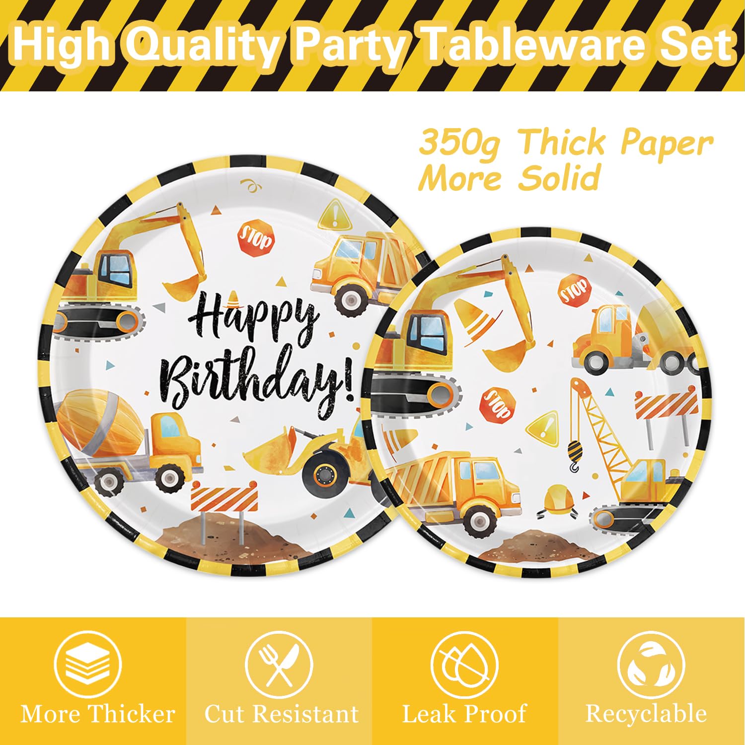 Oigco Construction Birthday Party Supplies – Plates, Cups, Napkins & Cutlery for 24 Guests