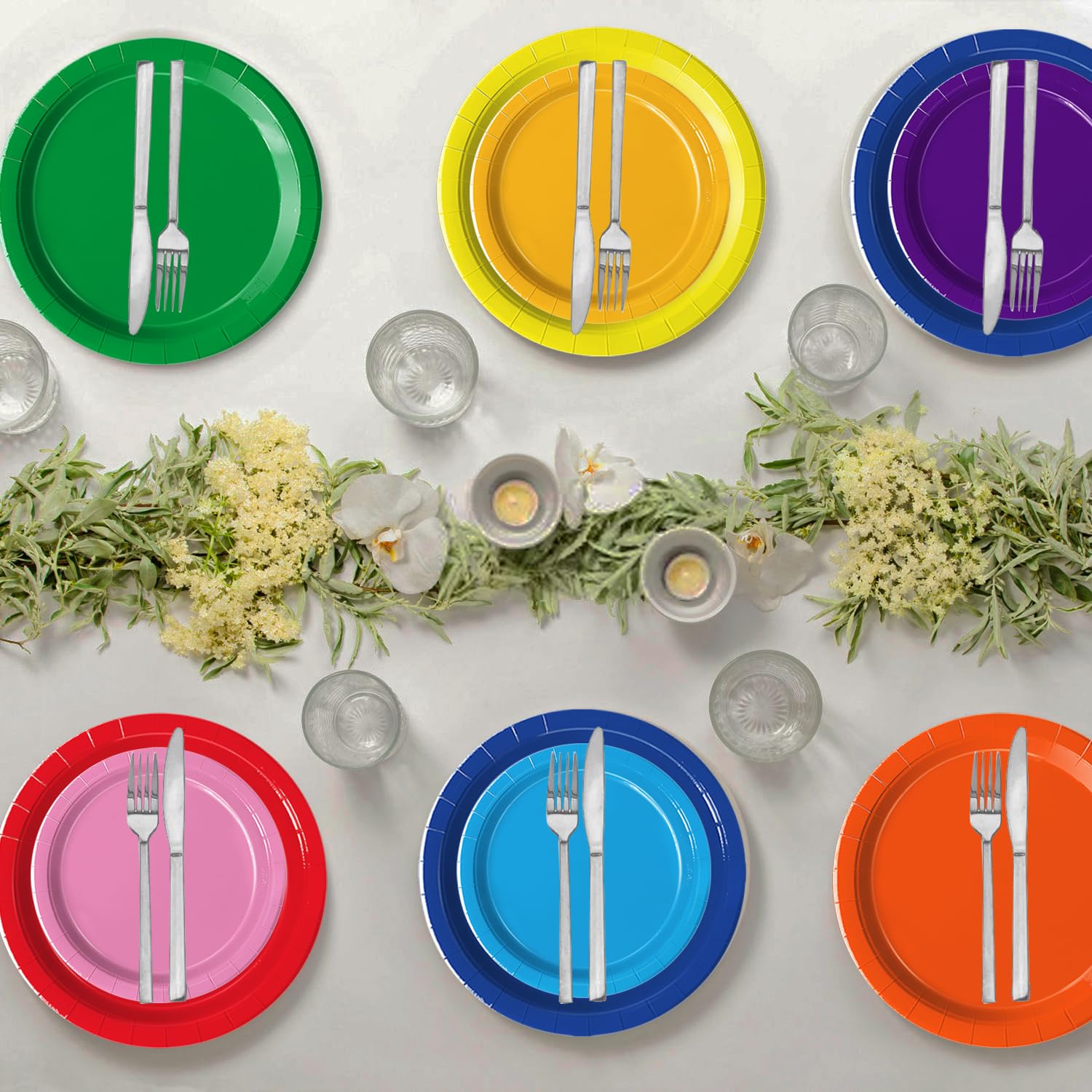 Oigco 60 PCS Colorful Plates, Pastel Napkins & Rainbow Tableware