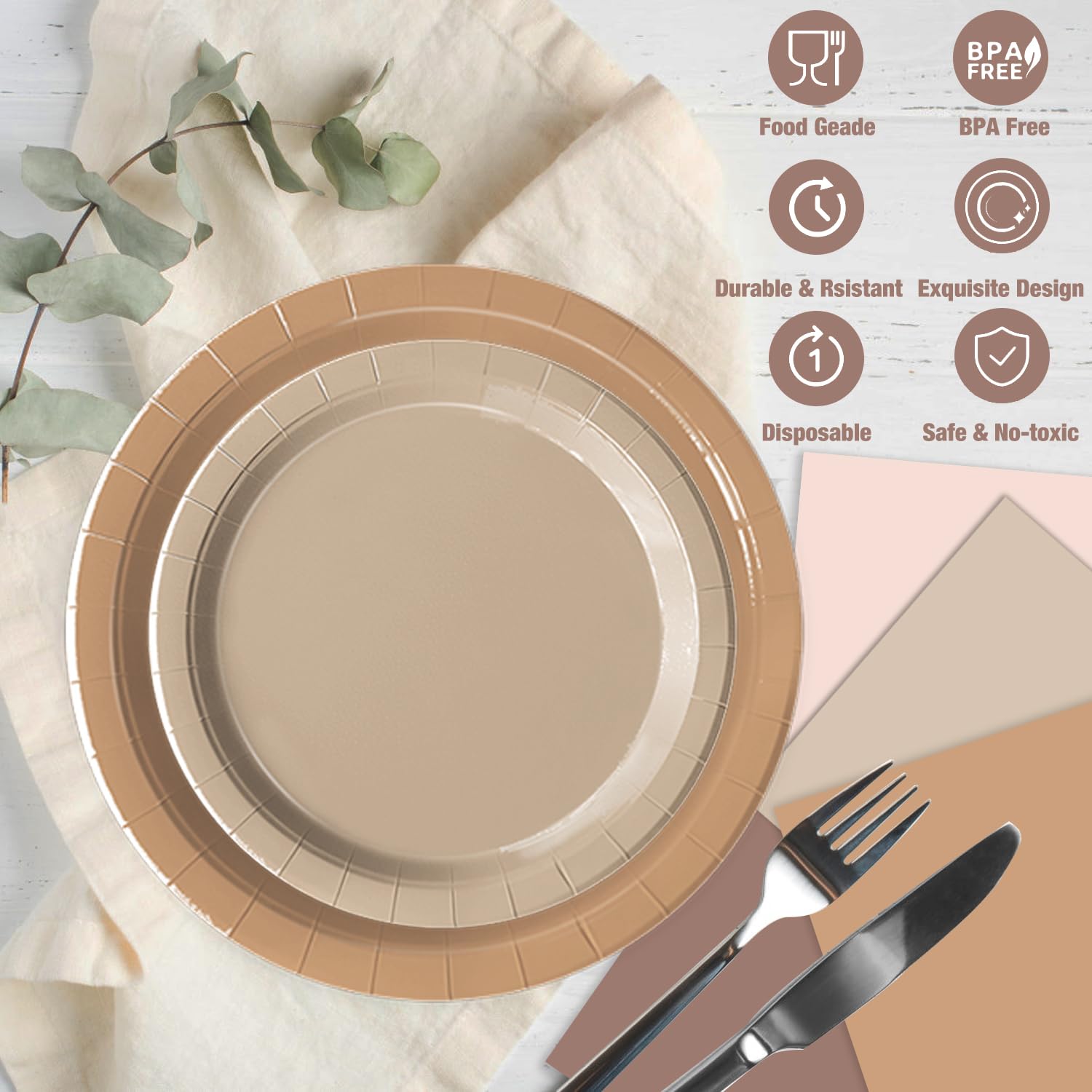 Oigco 60 PCS Brown Boho Plates & Napkins — Gradient Tableware for Baby Showers, Birthdays & Weddings