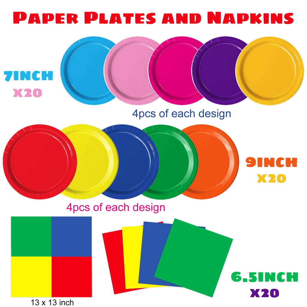 Oigco 60 PCS Colorful Plates, Pastel Napkins & Rainbow Tableware