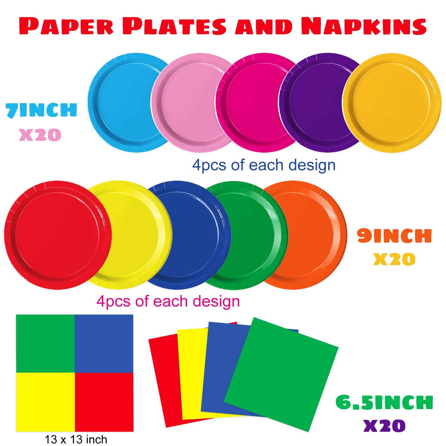 Oigco 60 PCS Colorful Plates, Pastel Napkins & Rainbow Tableware