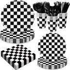 Oigco 168 PCS Race Car Party Decorations – Checkered Plates, Cups & Cutlery (Serves 24)