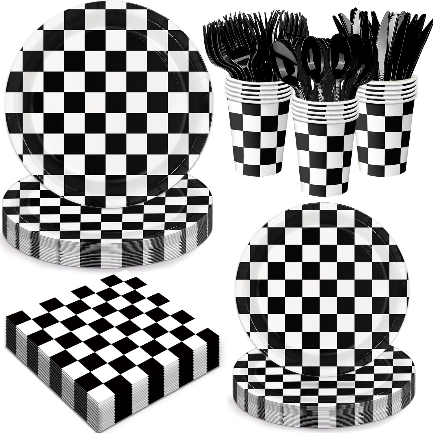 Oigco 168 PCS Race Car Party Decorations – Checkered Plates, Cups & Cutlery (Serves 24)