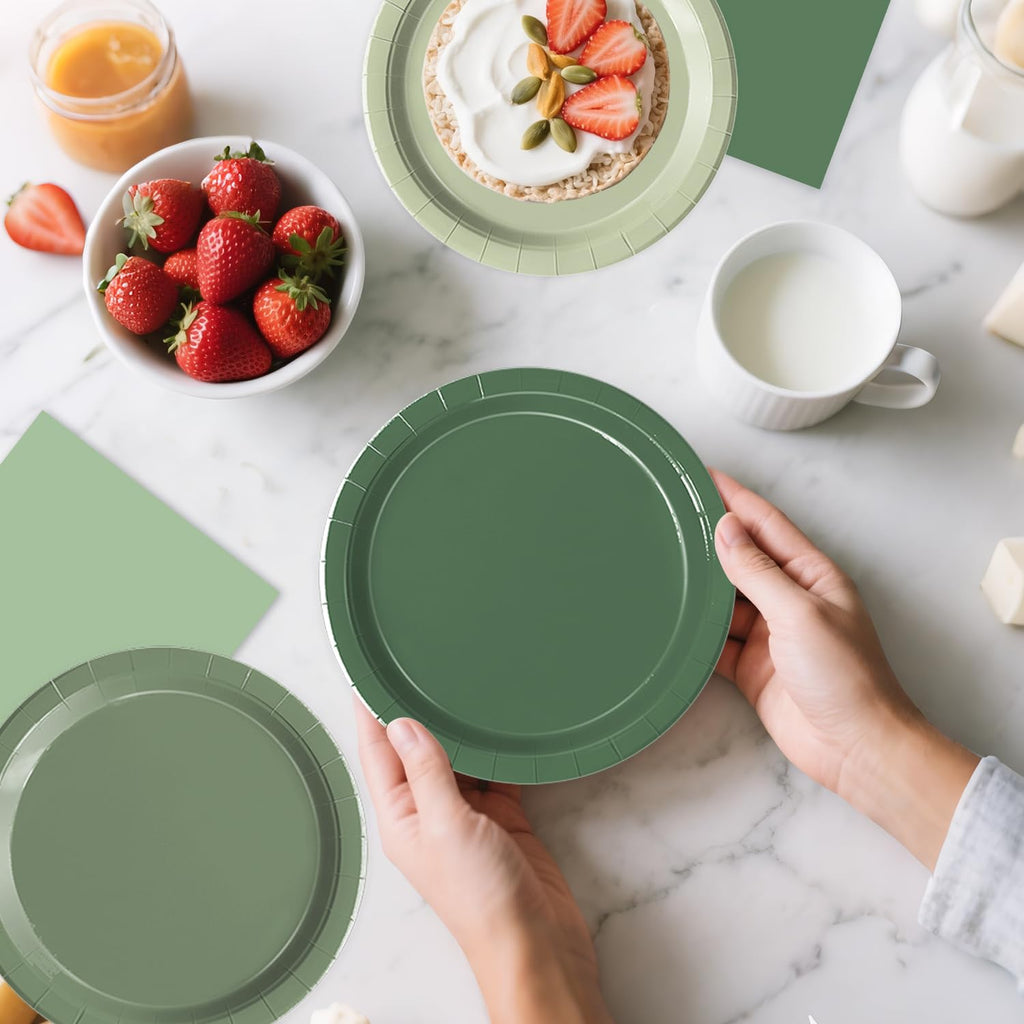 Oigco Sage Green Paper Plates & Napkins – 60-Count for Birthday, Baby Shower & Wedding