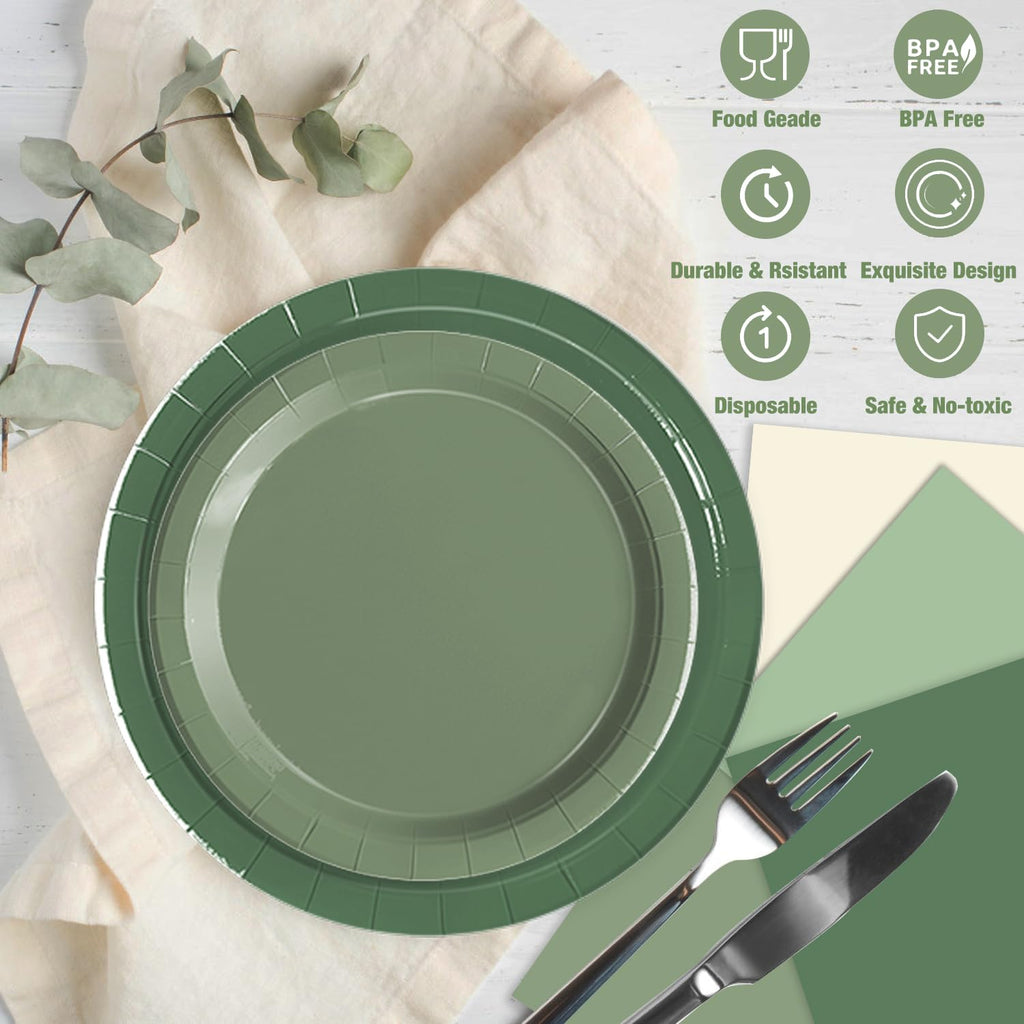 Oigco Sage Green Paper Plates & Napkins – 60-Count for Birthday, Baby Shower & Wedding