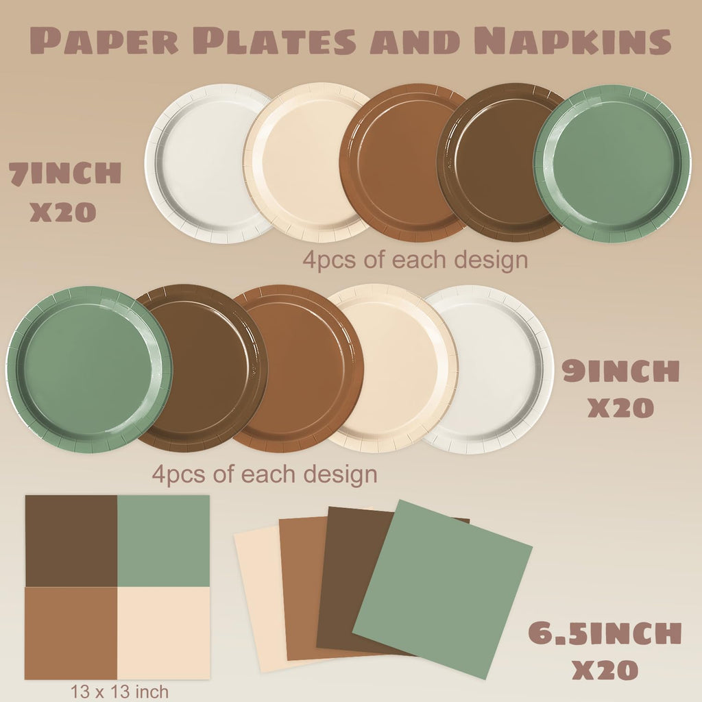 Oigco Woodland Baby Shower Decorations - 60 Pcs Neutral Plates & Napkins in Brown Sage Green