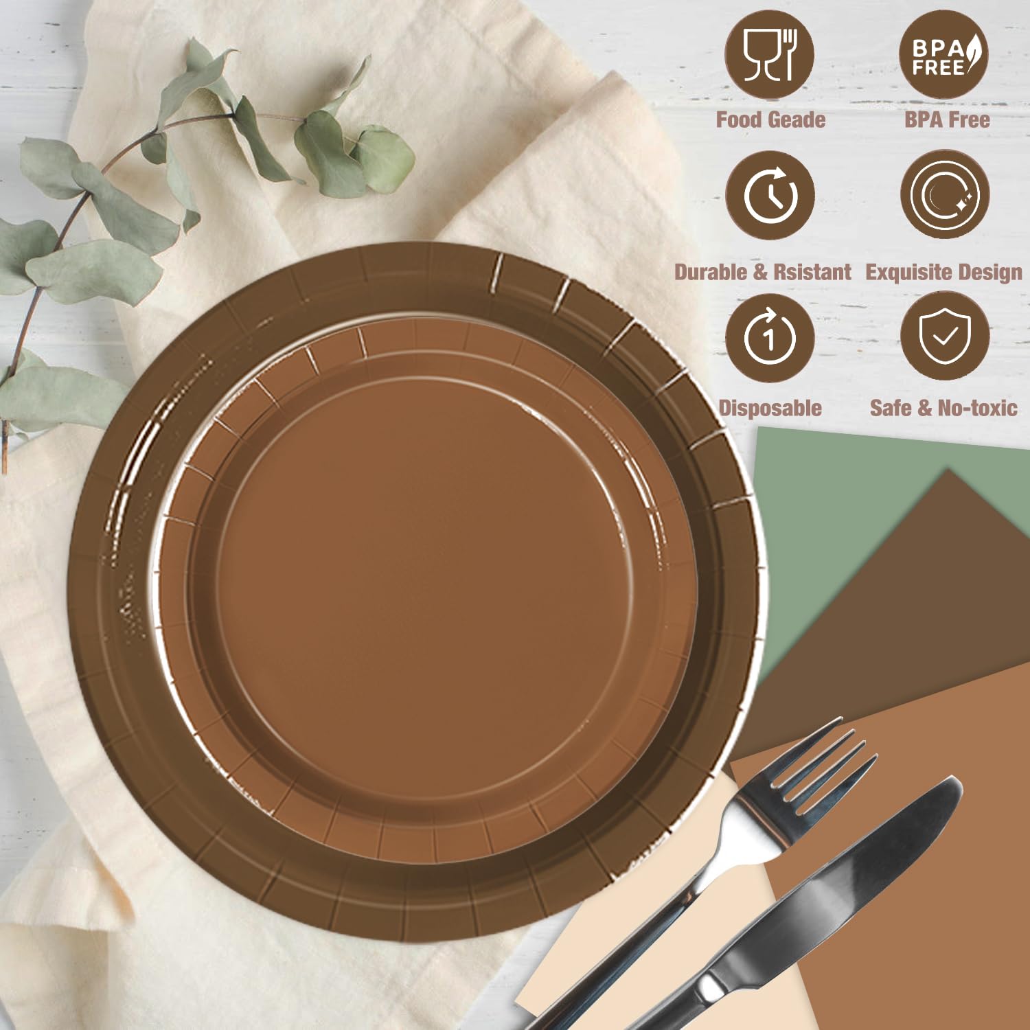 Oigco Woodland Baby Shower Decorations - 60 Pcs Neutral Plates & Napkins in Brown Sage Green