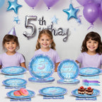 Oitnlaughter Snowflake Winter Wonderland – 5th Birthday Disposable Dinnerware Set | 24 Plates, 24 Napkins, 12 Blue & 12 Purple Forks