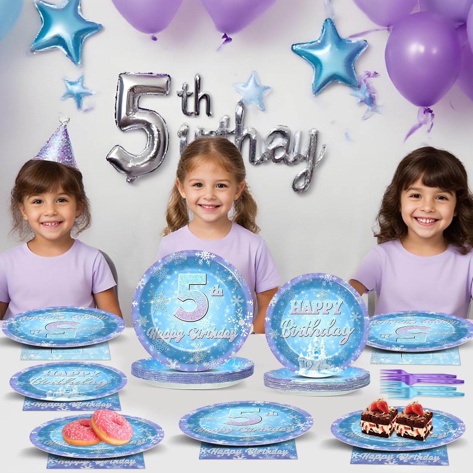 Oitnlaughter Snowflake Winter Wonderland – 5th Birthday Disposable Dinnerware Set | 24 Plates, 24 Napkins, 12 Blue & 12 Purple Forks