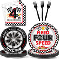 Oitnlaughter 96Pcs Racing Car Birthday Party Plates & Napkins – Four Speed Checkered Flag Tableware for Kids