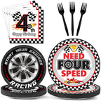 Oitnlaughter 96Pcs Racing Car Birthday Party Plates & Napkins – Four Speed Checkered Flag Tableware for Kids