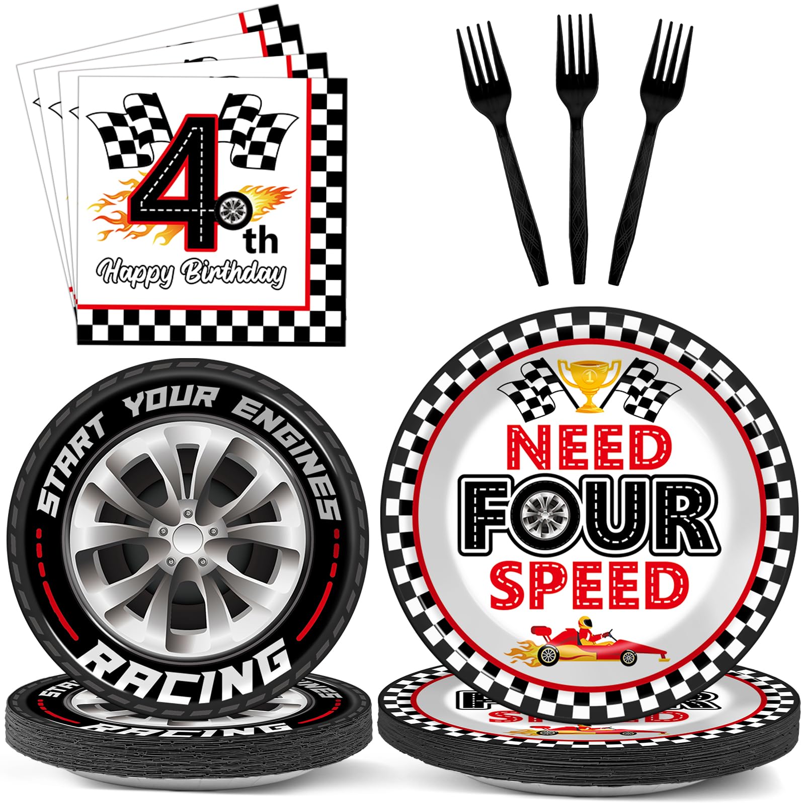 Oitnlaughter 96Pcs Racing Car Birthday Party Plates & Napkins – Four Speed Checkered Flag Tableware for Kids