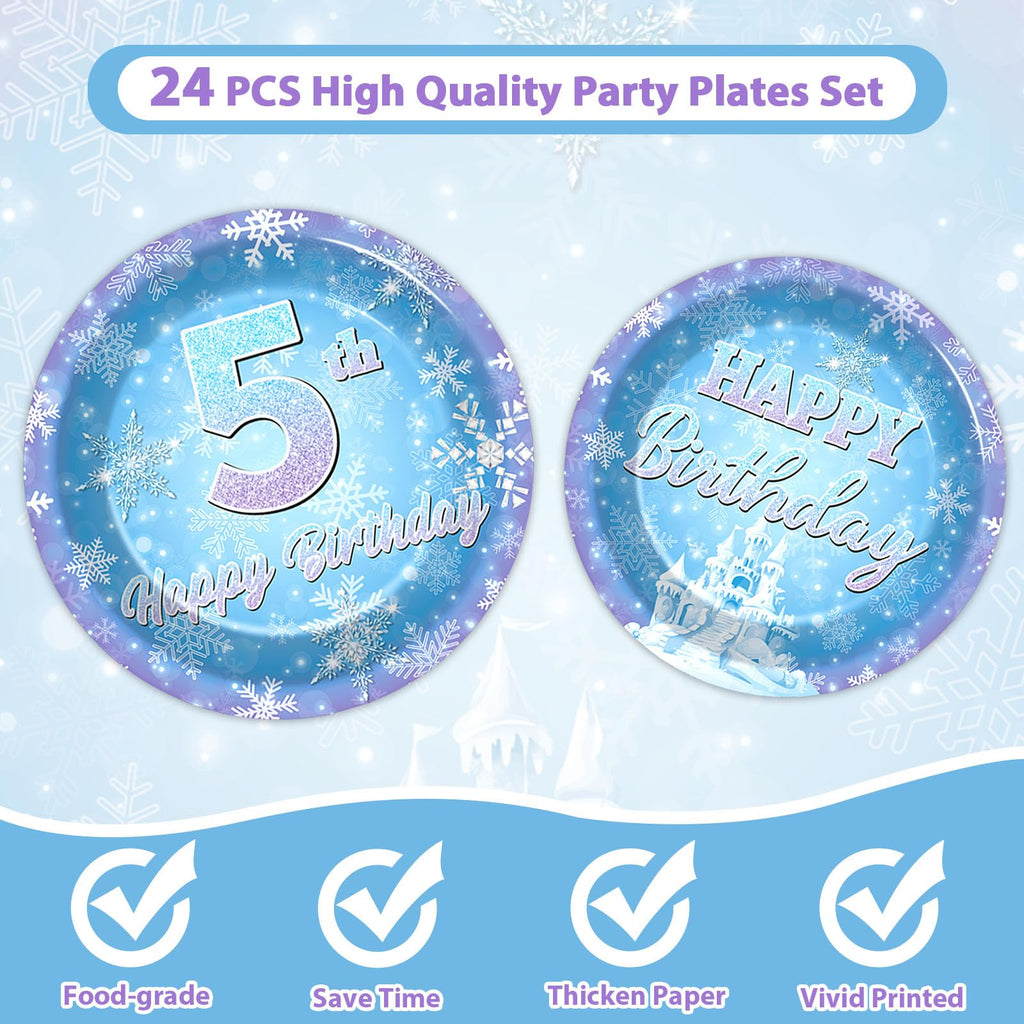 Oitnlaughter Snowflake Winter Wonderland – 5th Birthday Disposable Dinnerware Set | 24 Plates, 24 Napkins, 12 Blue & 12 Purple Forks