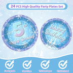 Oitnlaughter Snowflake Winter Wonderland – 5th Birthday Disposable Dinnerware Set | 24 Plates, 24 Napkins, 12 Blue & 12 Purple Forks