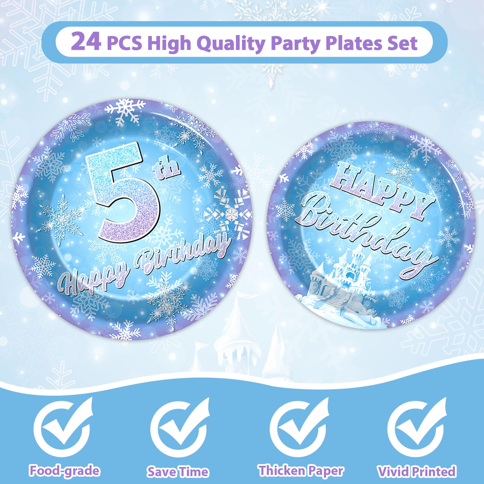 Oitnlaughter Snowflake Winter Wonderland – 5th Birthday Disposable Dinnerware Set | 24 Plates, 24 Napkins, 12 Blue & 12 Purple Forks