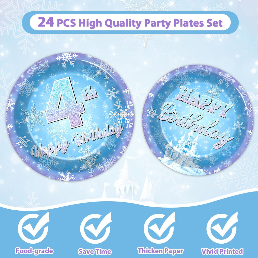 Oitnlaughter Snowflake Winter Wonderland 4th Birthday Dinnerware Set – Plates, Napkins & Forks for Kids (24 Guests)