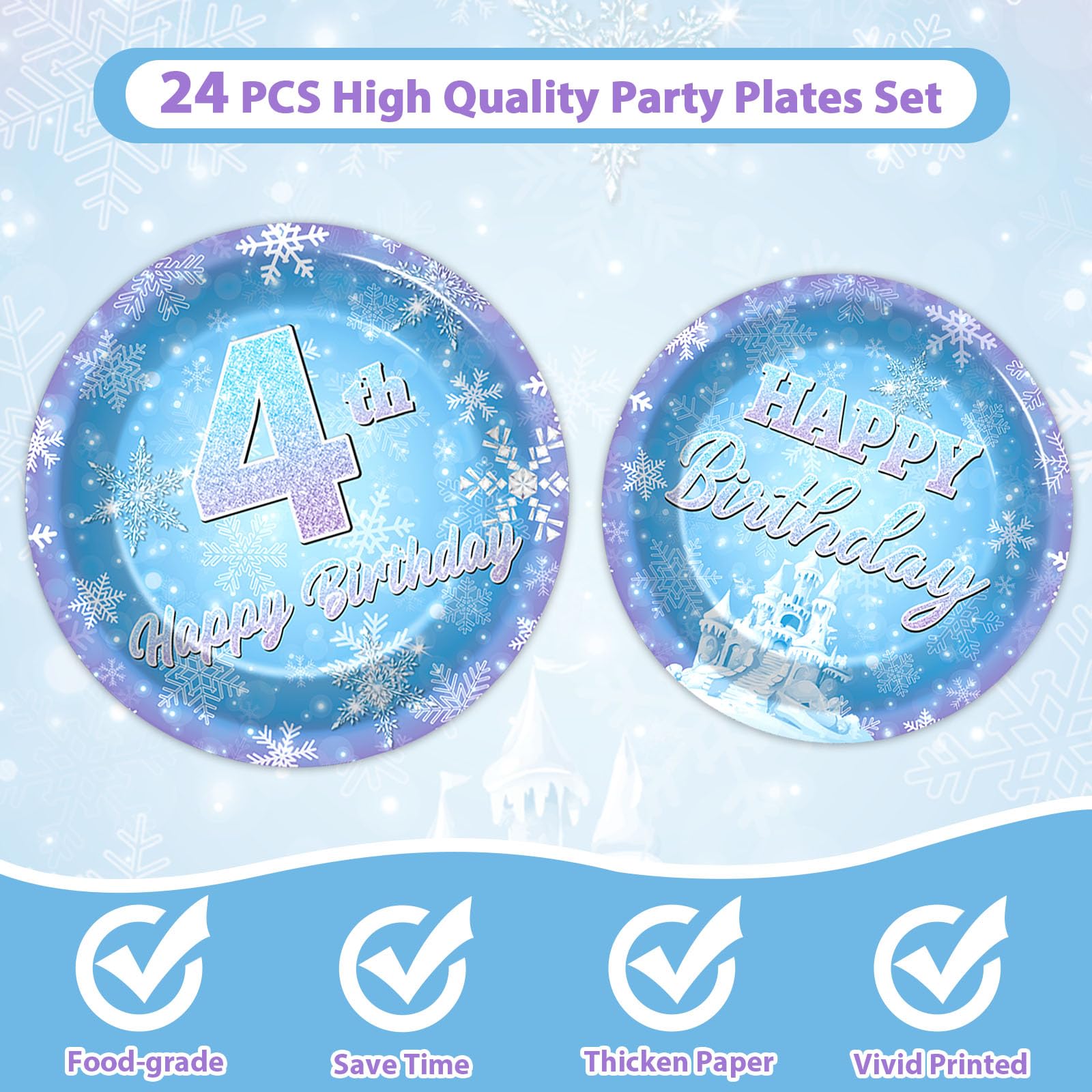 Oitnlaughter Snowflake Winter Wonderland 4th Birthday Dinnerware Set – Plates, Napkins & Forks for Kids (24 Guests)