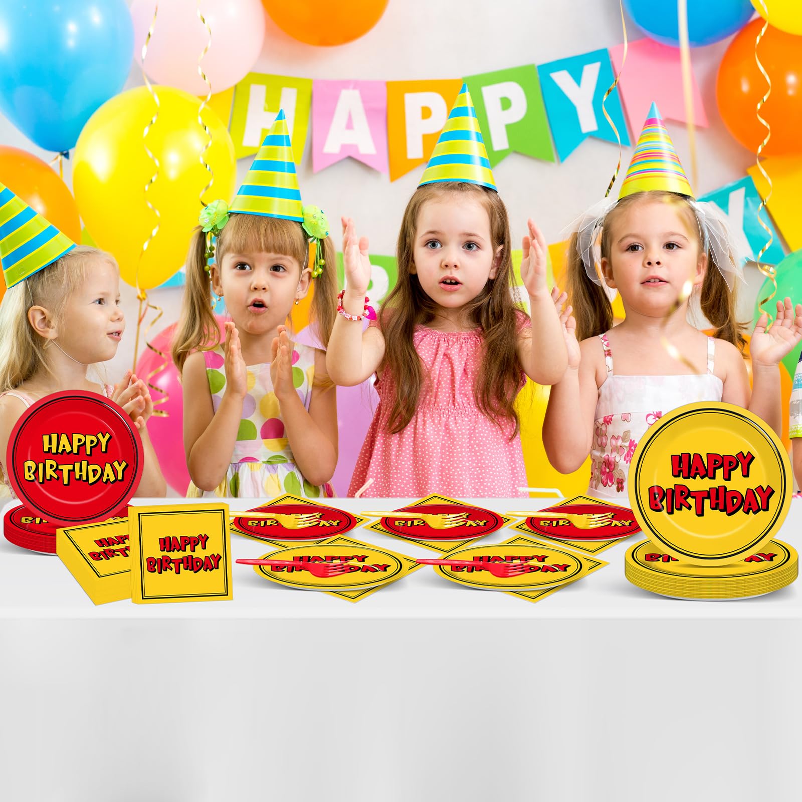 Oitnlaughter 96PCS Cartoon Birthday Plates & Napkins Set – Red & Yellow Animation Dinnerware Serves 24