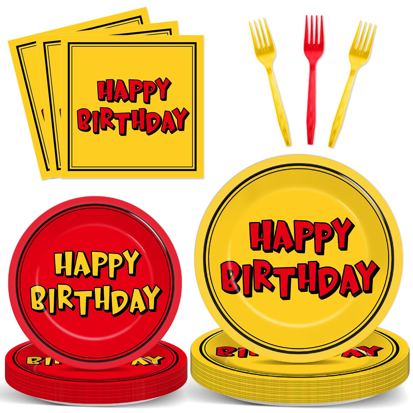 Oitnlaughter 96PCS Cartoon Birthday Plates & Napkins Set – Red & Yellow Animation Dinnerware Serves 24