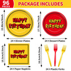 Oitnlaughter 96PCS Cartoon Birthday Plates & Napkins Set – Red & Yellow Animation Dinnerware Serves 24