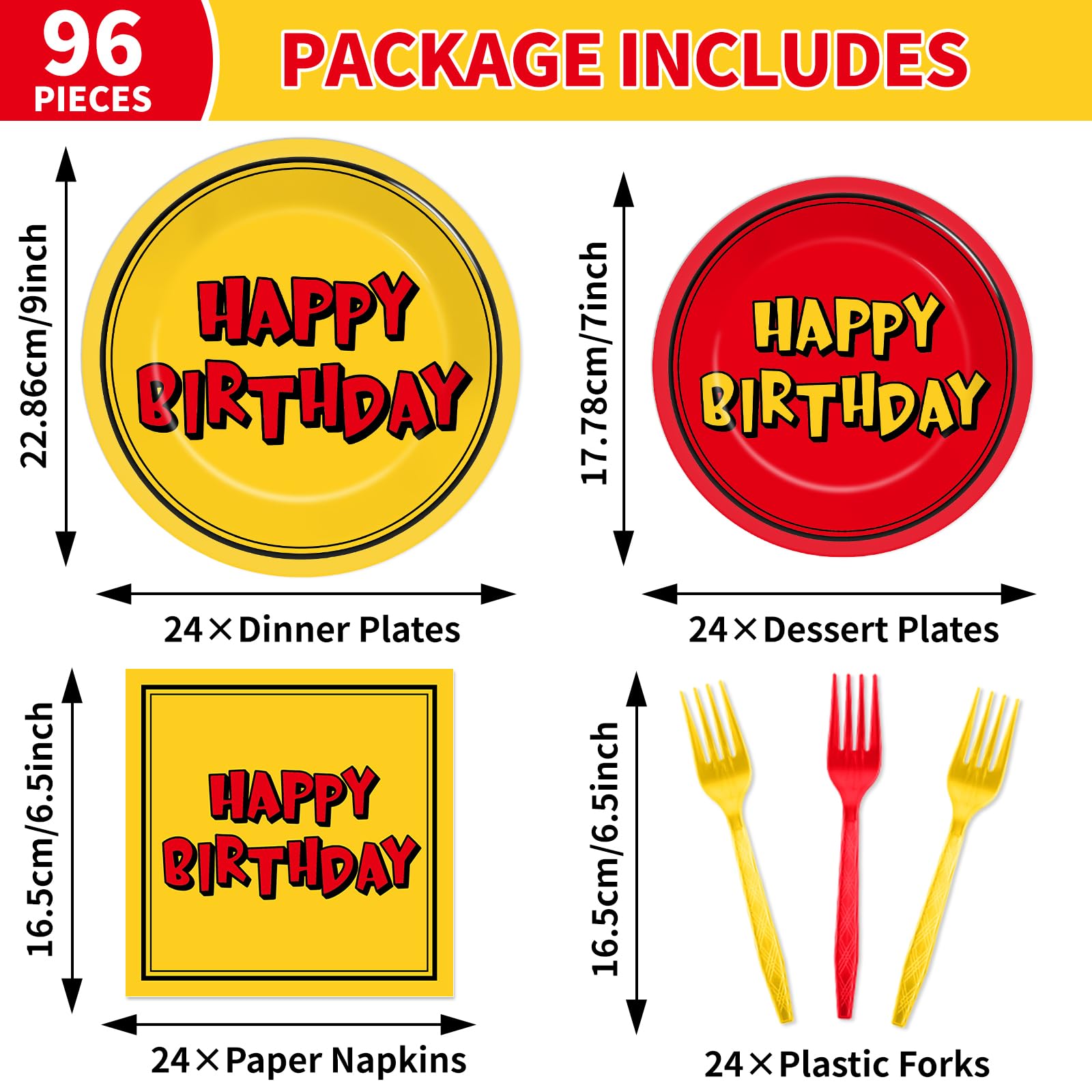 Oitnlaughter 96PCS Cartoon Birthday Plates & Napkins Set – Red & Yellow Animation Dinnerware Serves 24