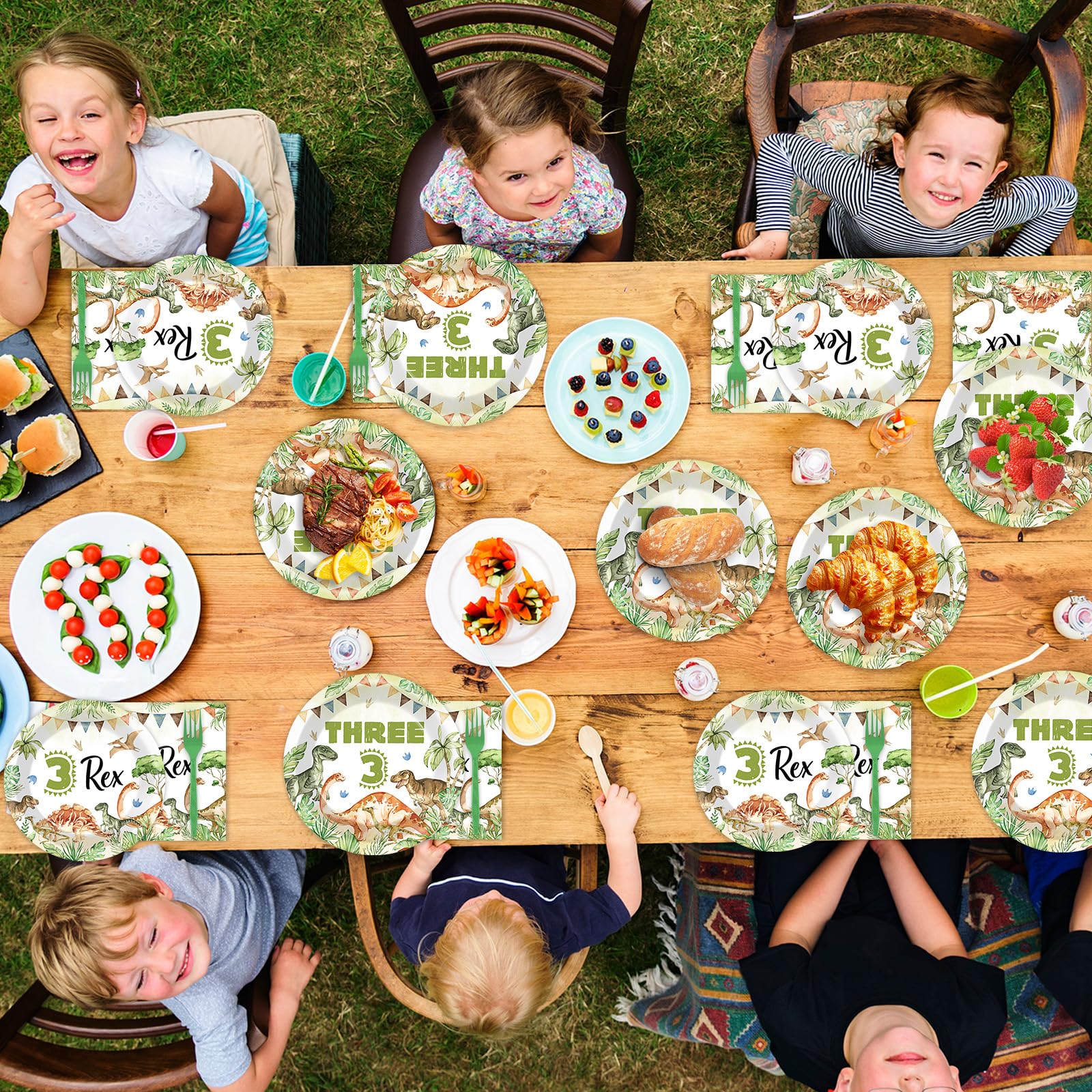 Oitnlaughter 96Pcs Dinosaur Tableware Set – Watercolor Rex Plates, Napkins & Forks for Kids Parties