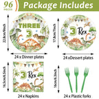 Oitnlaughter 96Pcs Dinosaur Tableware Set – Watercolor Rex Plates, Napkins & Forks for Kids Parties