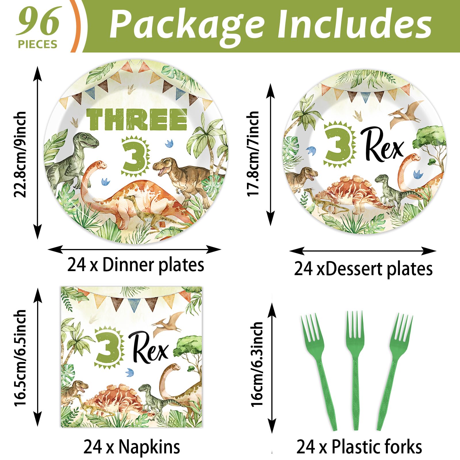 Oitnlaughter 96Pcs Dinosaur Tableware Set – Watercolor Rex Plates, Napkins & Forks for Kids Parties