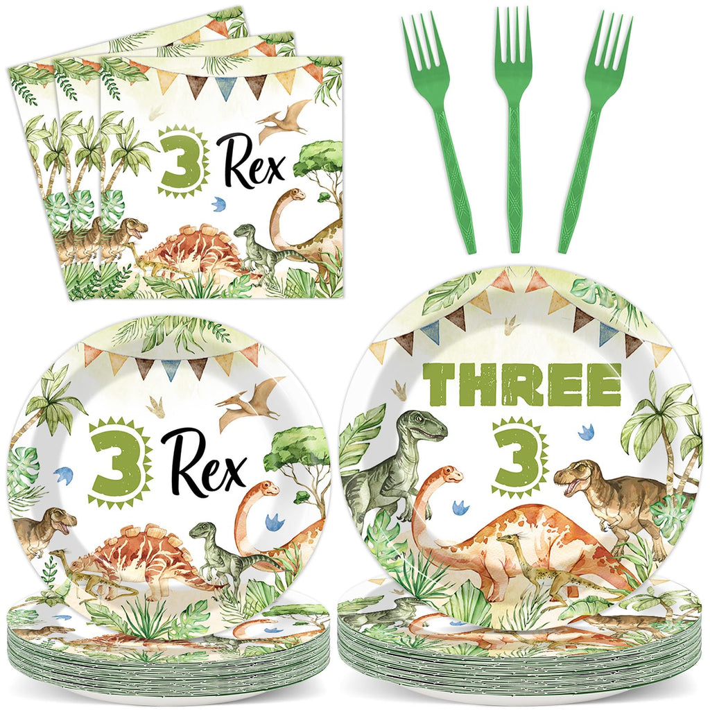 Oitnlaughter 96Pcs Dinosaur Tableware Set – Watercolor Rex Plates, Napkins & Forks for Kids Parties