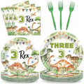 Oitnlaughter 96Pcs Dinosaur Tableware Set – Watercolor Rex Plates, Napkins & Forks for Kids Parties